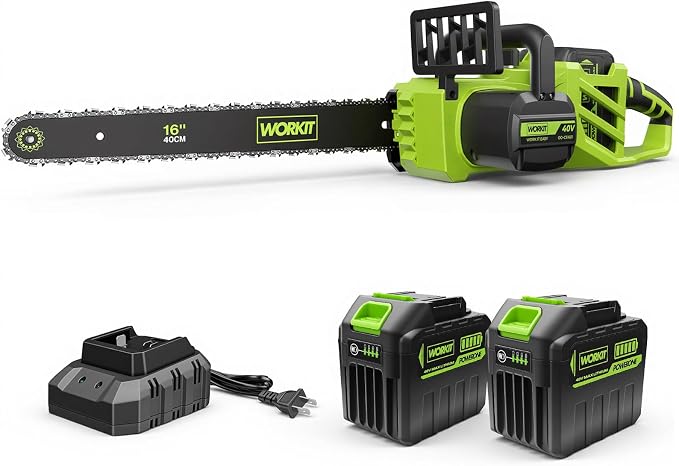 WORKIT 16 Inch Electric Chainsaw, 40V Brushless Chain Saw Cordless with 2×4.0Ah Batteries, Tool-Free Chain Tension, Auto Oiling, Battery Chainsaw for Tree Trimming, Wood Cutting, Yard Work