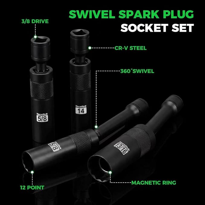 TecoTek 6-Piece 3/8" Drive Magnetic Swivel Spark Plug Socket Set, 12-Point, Includes 9/16", 5/8", 13/16", 14mm Sockets with 4", 6", 11" Extensions for Automotive Repair