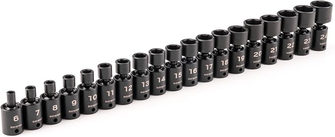 TEKTON 3/8 Inch Drive Universal Joint Impact Socket Set | SID97003 | 19-Piece, (6 - 24 mm), Shallow, 6-Point