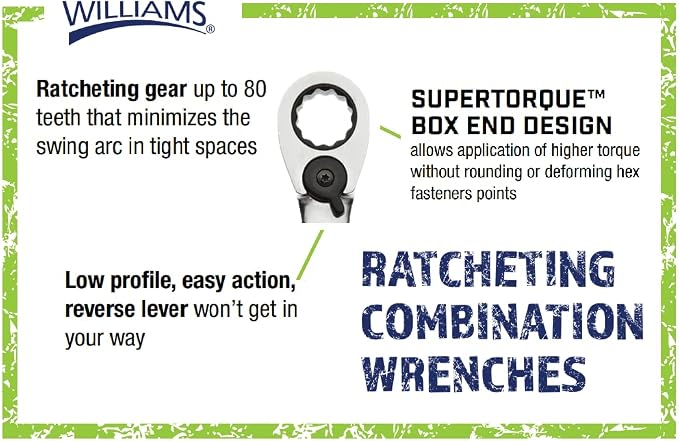 Williams JHW1210RC Reversible Ratcheting 12 Point SAE Combination Wrench, with High Polish Chrome Finish - 5/16-Inch