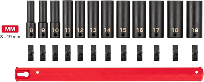 TEKTON 3/8 Inch Drive Impact Socket Set, 12-Piece | SID91103 | (8 - 19 mm), Deep, 6-Point, Socket Rail