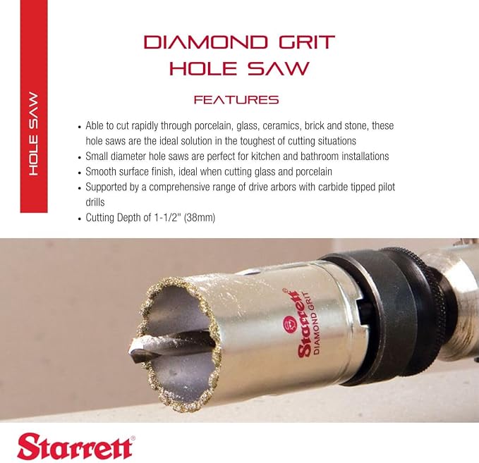 Starrett Diamond Grit Hole Saw 11/16" Dia, 1-5/8" Cutting Depth | Ideal For Drilling Small Diameter Holes, 1/2-20 Thread Size, XA1 Arbor Type, Silver, KD1016-N