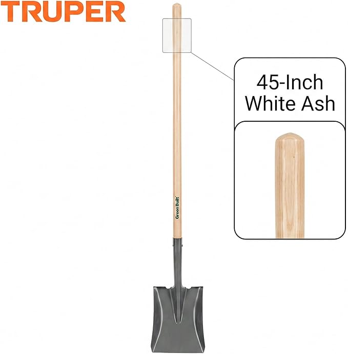Truper Tru Built Square-Point Shovel, 45-Inch Wood Handle with 9-Inch Cushion Grip, Rolled Step Steel Blade, Heavy-Duty Scooping and Transfer Shovel (Model PCL-PE / 31174)