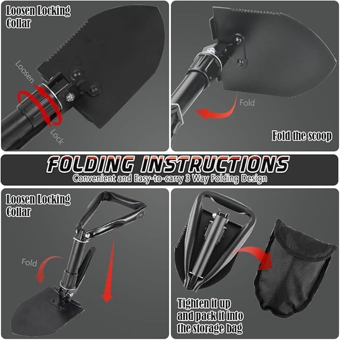 Folding Shovel - 24'' Lightweight Digging Shovel High Carbon Steel Portable Digging Trowels for Outdoor Camping Backpacking Hiking Car EmergencHome Garden (Dark Black