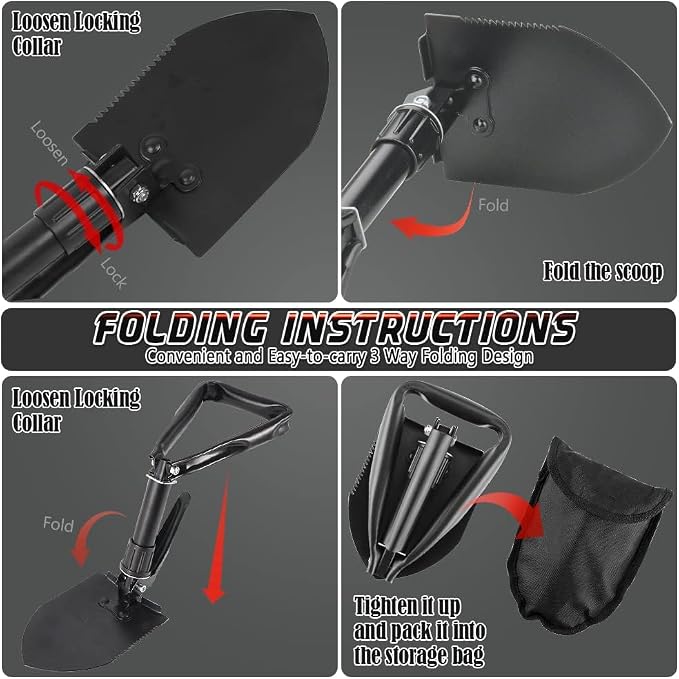 Digging Shovel - 24'' Lightweight Folding Shovel High Carbon Steel Portable Digging Trowels for Outdoor Camping Backpacking Hiking Car EmergencHome Garden (Black