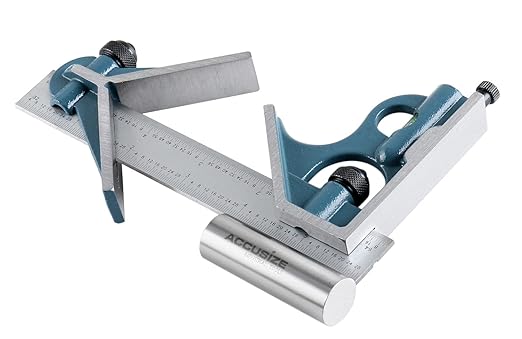 Accusize Industrial Tools 6'' 3 Pc Combination Square Ruler Set Protractor Satin, 4-R Graduation, 0000-8100 | 3 Pc Set, 4R Graduation: 8ths, 16ths, 32nds, 64ths, Satin Chrome Blade