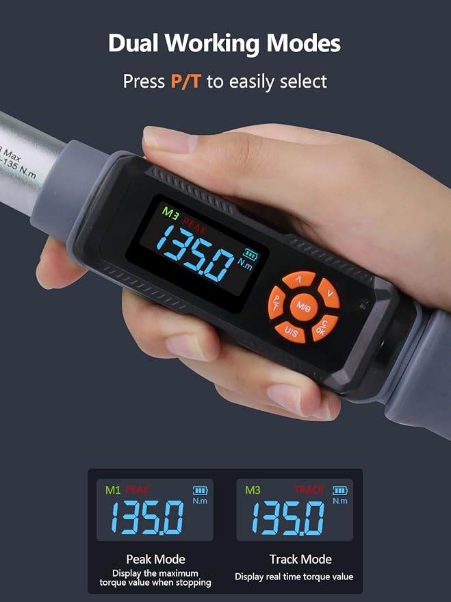 Goseek Upgraded Rechargeable Digital Torque Wrench, 5-99.6 Ft-lbs/6.8-135Nm, 3/8'' Drive Electric Torque Wrench Set with Buzzer & Colorful LED & Vibration for Car Motor Tire Repair