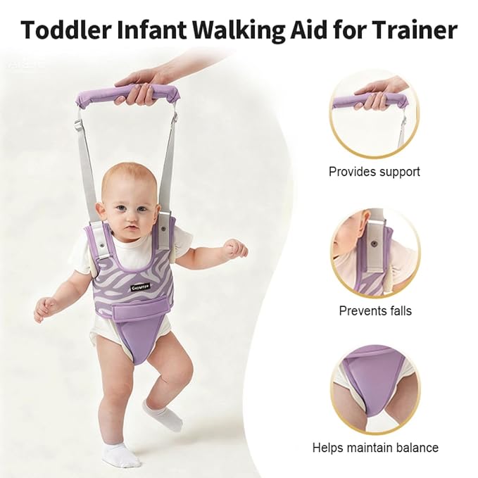 Baby Walking Harness - Handheld Toddler Walker Helper with Detachable Crotch, Adjustable Traction Strap, Breathable Fabric, Infant Walking Assistant Belt for 9-24 Months (Purple)