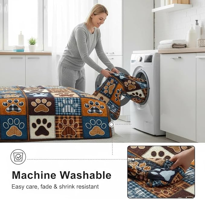Patchwork Quilt Set Queen Size, Blue Brown Dog Paw Bedspread, Soft Lightweight Microfiber Bedding Set, Farmhouse Rustic Coverlet, All Season 3 Piece (Dog Paw, Queen)