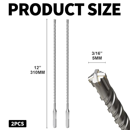 2PCS SDS Plus Rotary Hammer Drill Bits, 2pcs (3/16"*12"-5mm*310mm) - 4 Carbide Cutting Edges, Ideal for Masonry| Heavy-Duty Masonry |Hammer Drill Bits for Precision Drilling
