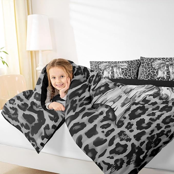 Feelyou Leopard Print Bedding Set Soft for Boys Girls, Black Cheetah Comforter Set Full Size Cute Bowknot Duvet Quilt Microfiber Bedroom Decor 3 Pcs with 2 Pillow Cases