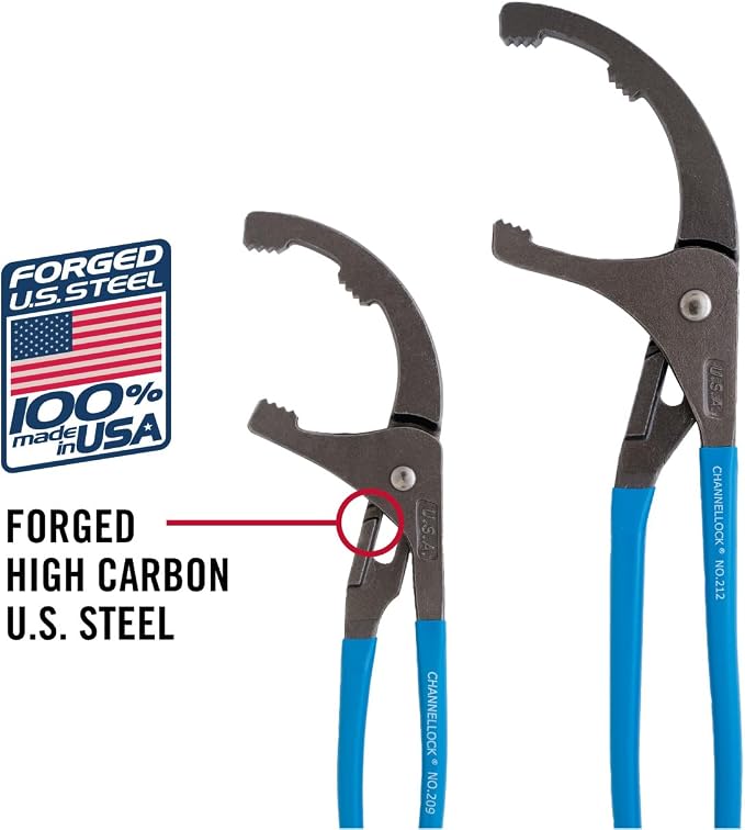 CHANNELLOCK OF-2 2pc Oil Filter/ PVC Pliers Set, Made in USA, Forged High Carbon Steel, Includes 9 and 12-inch Oil Filter/ PVC Pliers, Ideal for Engine Oil Filters, Conduit and Fittings