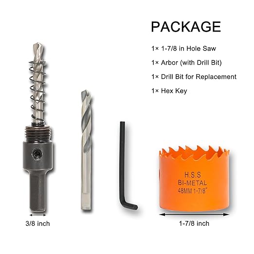 1-7/8 Inch Hole Saw with Arbor for Wood Metal Plastic, 1.875 in Bimetal Hole Cutter, Fast Chip Removal, Smooth Flat Drilling Edge