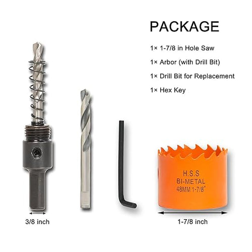 1-7/8 Inch Hole Saw with Arbor for Wood Metal Plastic, 1.875 in Bimetal Hole Cutter, Fast Chip Removal, Smooth Flat Drilling Edge