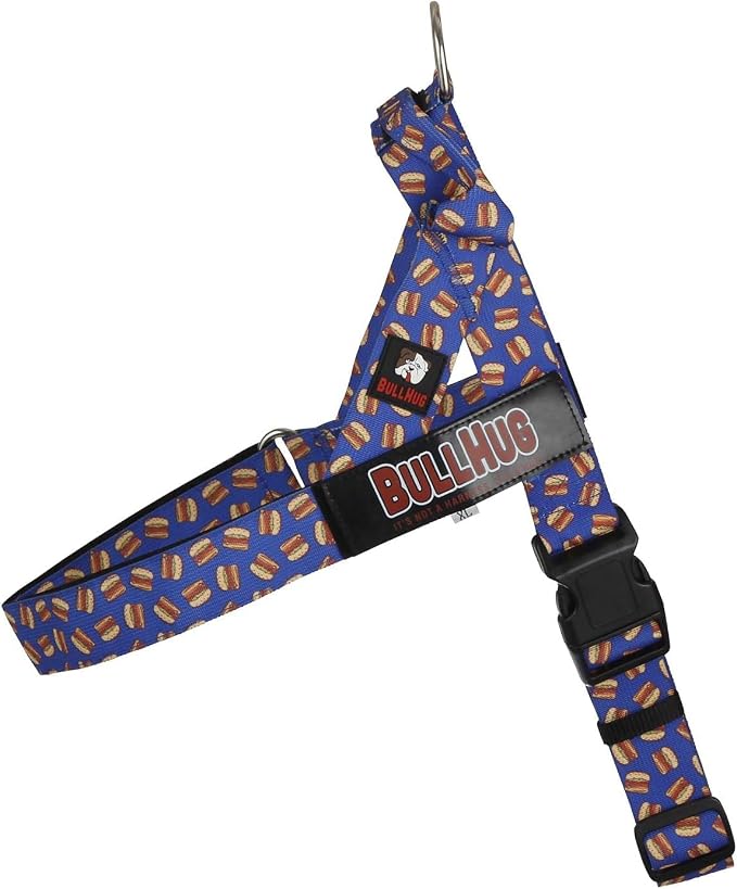 Adjustable Dog Harness– No Pull, No Choke – for English Bulldogs, French Bulldogs, Pugs & Broad-Chested Breeds – Easy, Safe Walks (Blue Burger, XS)