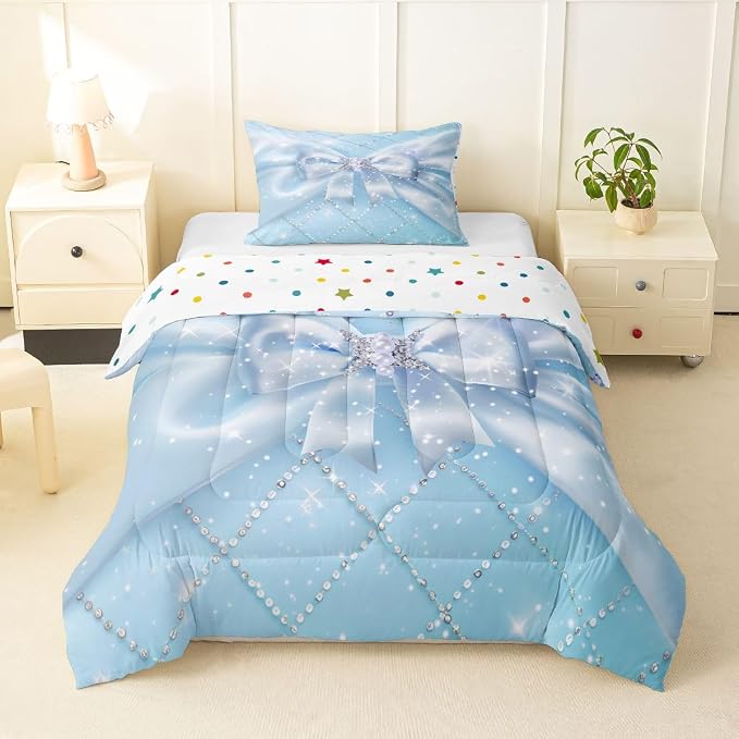 Feelyou Blue Bow Bedding Set Soft for Boys Girls, Glitter Bowknot Comforter Set Twin Size Princess Duvet Quilt Microfiber Bedroom Decor 2 Pcs with 1 Pillow Cases