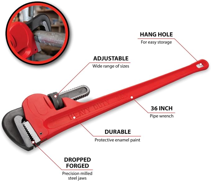 Performance Tool W1133-36B 36 in. Adjustable Steel Pipe Wrench, Red | Heavy duty plumbers wrench. Precision milled and drop forged steel jaws. Durable protective enamel paint