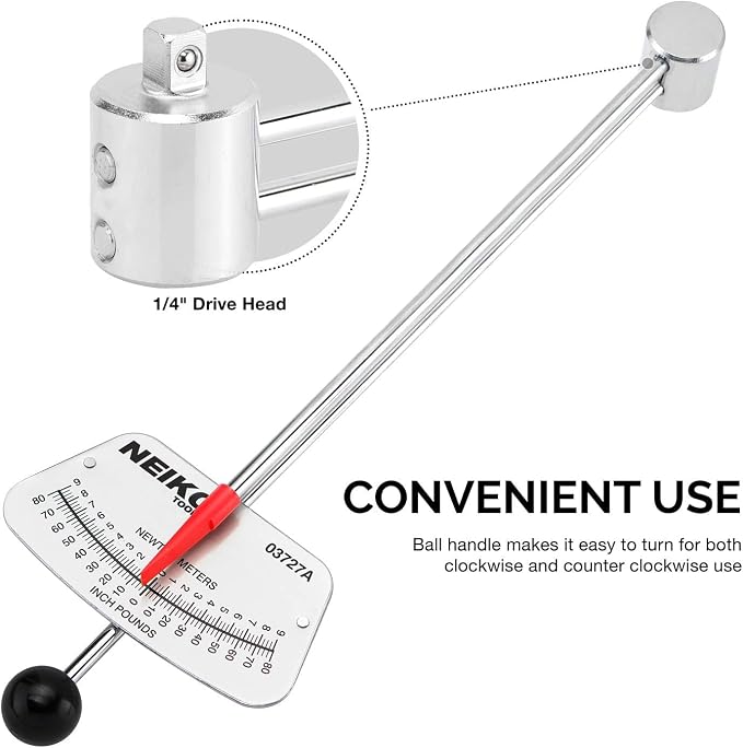 Neiko 03727A 1/4-Inch-Drive Beam Torque Wrench, SAE and MM Bicycle and Automotive Wrench, Reads in 0–80 Inches/Pounds and 0–9 Newton/Meter Increments