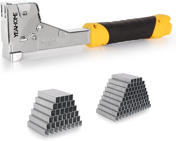YEAHOME Heavy Duty Hammer Tacker with 6000 T50 Staples of 1/2, 3/8 inches, Steel Construction Manual Hammer Stapler with Anti-jam Magazine for Construction, Roofing, House Wrap, Insulation,Floor