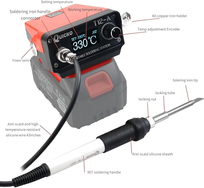 Cordless Soldering Iron Station,QUICKO T12 Soldering Station Fit for Makita Battery 18/20V,Sleep Immediately,Injection Mold,°C/ºF Conversion OLED (Battery Not Included) With 5pcs Solder Iron Tips