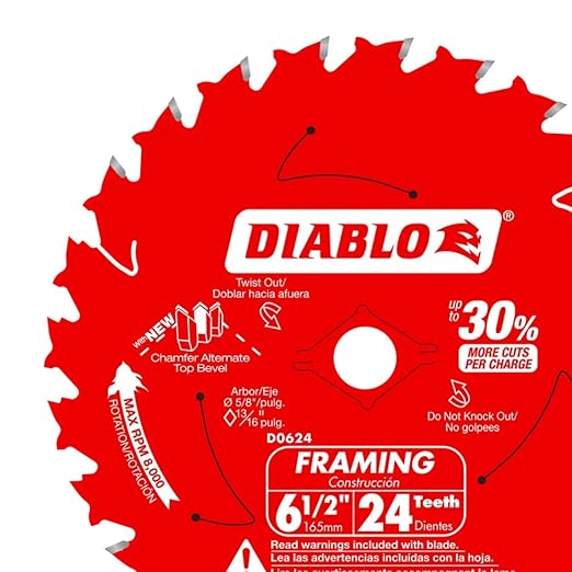 Diablo Framing Saw Blade for Wood - 6-1/2" Diameter, 24 ATB Teeth, 5/8" Arbor, .059" Kerf, 18-Degree Hook Angle, .039" Plate, 8800 Max RPM - D0624A