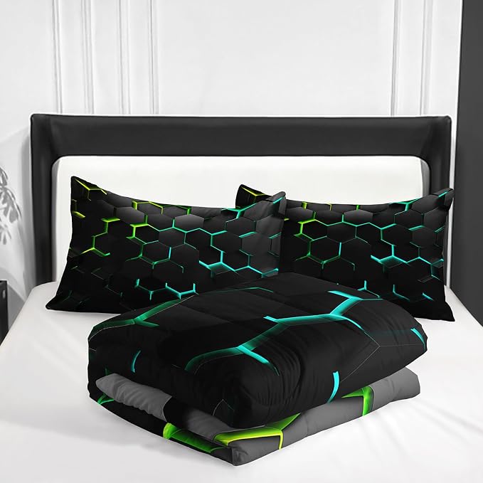Geometric Green Black Neon Comforter Set,Light Honeycomb 3 Piece Bedding Set King for Teen Boys,Modern Bedding Quilt Set Geometry Decor,Microfiber Lightweight 1 Comforter 2 Pillowcases All Season