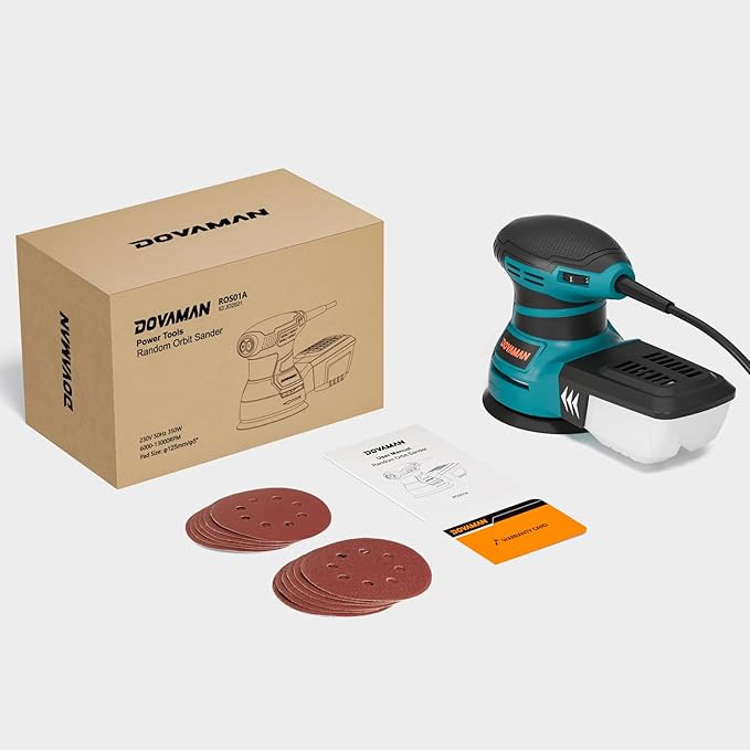 DOVAMAN ROS01A Orbital Sander, 3A Random Orbit Sander, 6 Variable Speeds, Up to 13000 rpm, 12pcs Sandpapers, 5in Sanding Pad, Dust Collection, Electric Sanders Perfect for Woodworking
