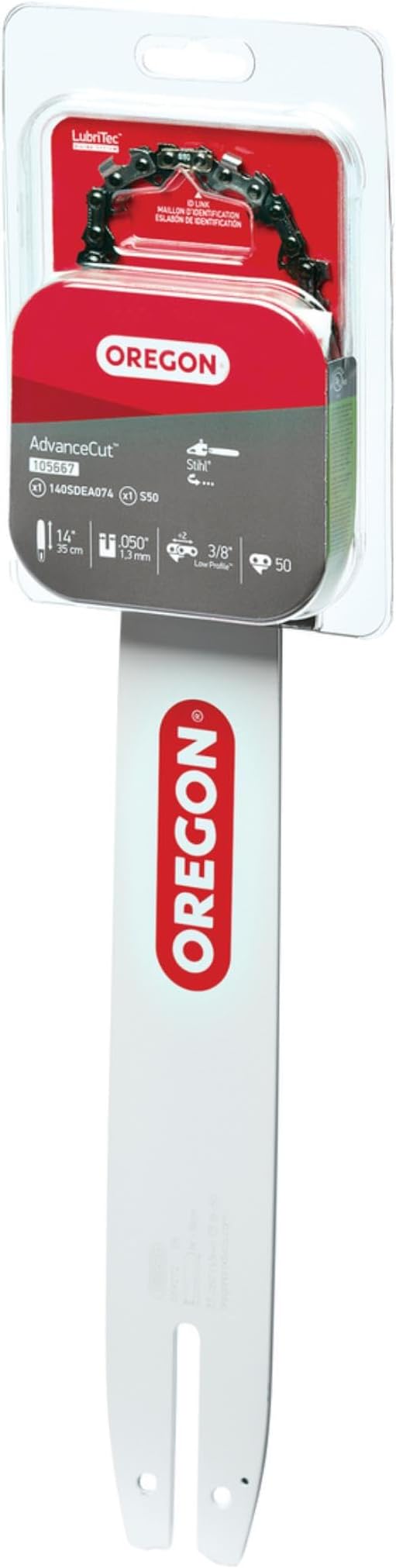Oregon 14-Inch Replacement Chainsaw Bar and S50 AdvanceCut Chainsaw Chain Combo, 50 Drive Links, Pitch: 3/8", .050" Gauge (105667), fits Several Stihl Models, Grey