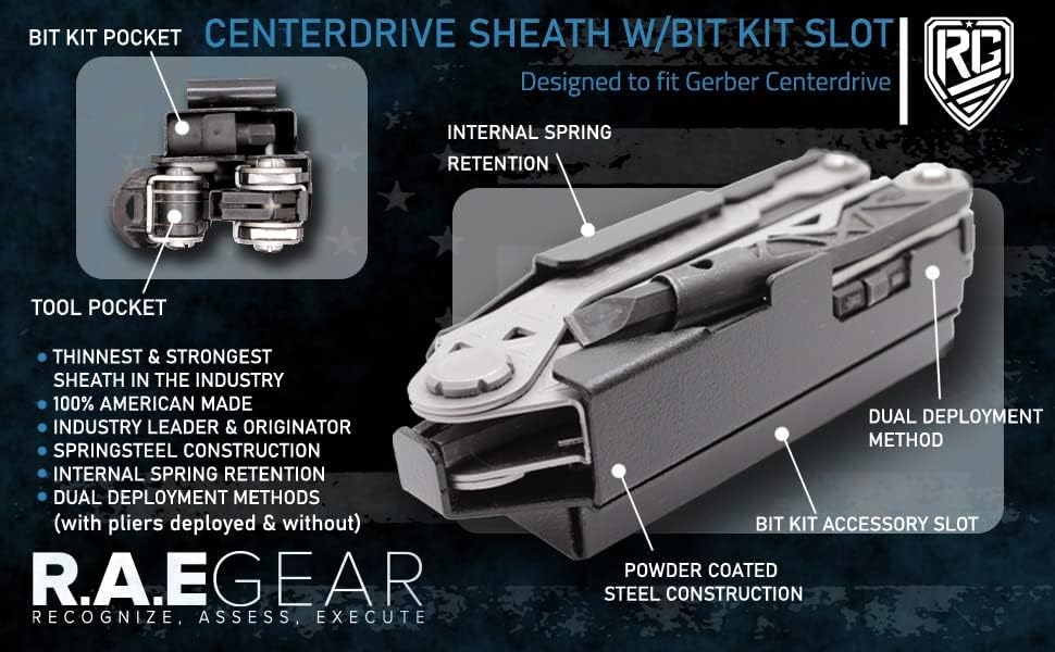 RAE Gear - Center-Drive Sheath Belt Clip Holster Compatible with Gerber Centerdrive Multitool (Tool & BITS NOT Included) 2.25" Steel Belt Clip with BIT KIT Attachment