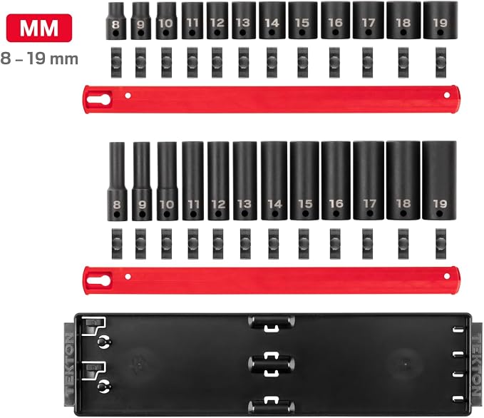 TEKTON 3/8 Inch Impact Socket Set, 24-Piece | SID91209 | (8 - 19 mm), Shallow and Deep, 6-Point, Socket Rail