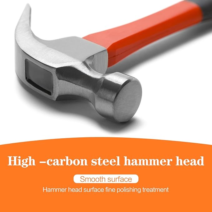 2pcs 16oz Claw Hammer, Straight Rip Claw Hammer, Fiberglass General Purpose Hammer with Smooth Face & Non-slip Grip
