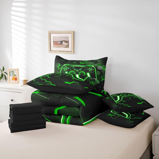 Erosebridal Gamer Bed in a Bag King Size Comforter Set 7-Piece, Neon Honeycomb Gaming Bedding Sets Game Boy Games Comforter and Sheet Set, Green Hexagon Lights Room Decor,Boys Bedroom Decor