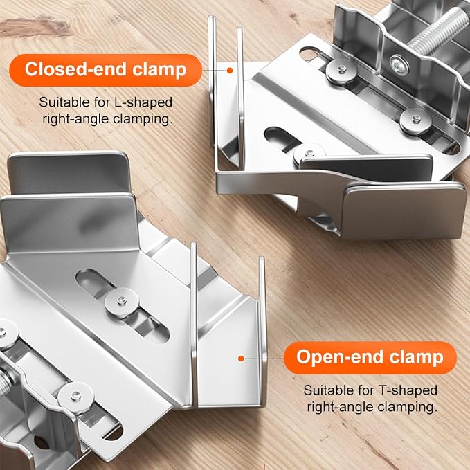 Quick Right Angle Fixing Clip, Multipurpose Stainless Steel 90° Degree Corner Clamp for Woodworking, T-shaped Right Angle Clamping Tool with Adjustable Swing Jaw Right Angle (Open&closed Type)