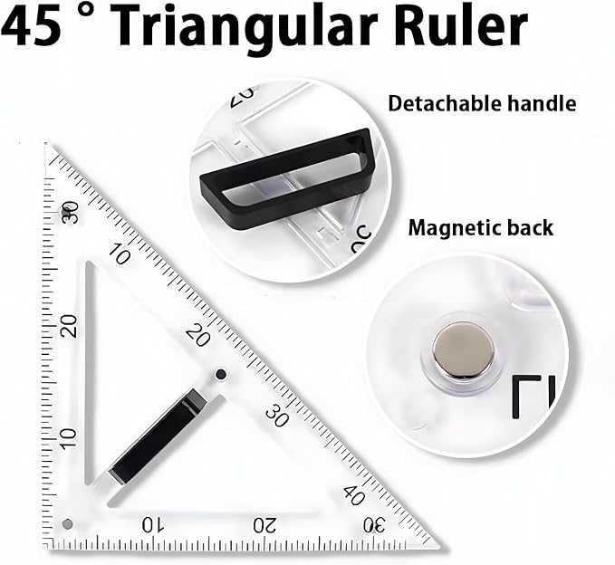 Magnetic Teaching Ruler Set with Multi-Functional Geometry Tools Durable ABS Plastic for Whiteboard Classroom Projects Student Teacher Math Supplies (Clear 2pcs)