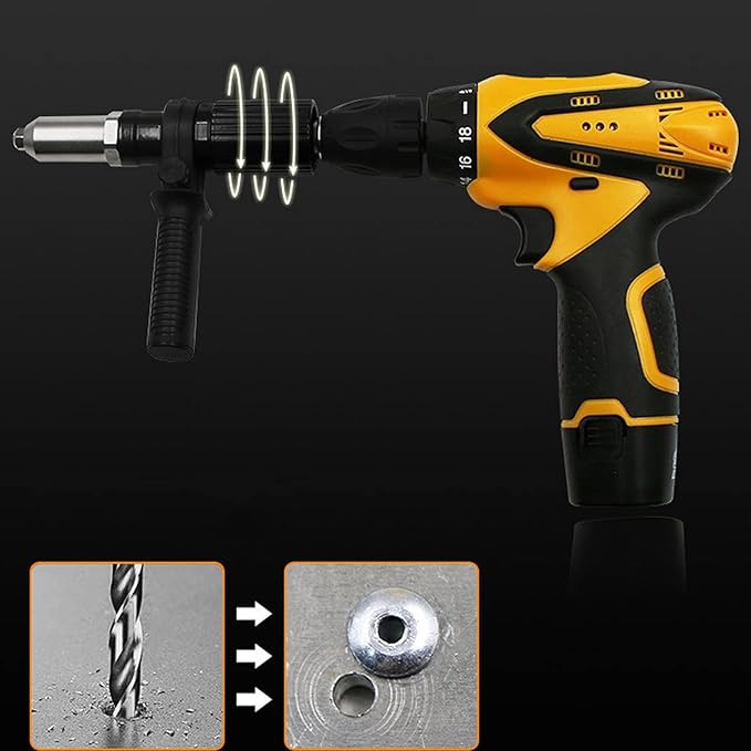 Rivet Gun Adapter Kit Cordless Riveting Drill Joint Adapter Riveter with 4Pcs Different Matching Nozzle Bolts, Wrench for Cordless Drill, Sheet Metal Work Accessories DIY