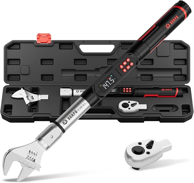 VANPO Adjustable Digital Torque Wrench, 7.38-147.5 Ft.lb/10-200Nm for HVAC | 38mm Jaw & 1/2" Ratchet, 14×18mm Open End, ±2% Accuracy, Vibration, Buzzer and LED Indicator, for Split AC, Auto, Plumbing