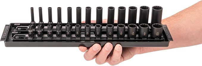 TEKTON 1/4 Inch Drive Impact Socket Set, 26-Piece | SID90203 | (5/32 - 11/16 in.), Shallow and Deep, 12-Point, Socket Rail