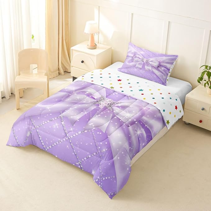 Feelyou Purple Bow Kids Comforter Set Toddler Size Geometry Bowknot Bedding Set Glitter Duvet Quilt for Kids Boys Girls Bedroom Decor Microfiber Ultra Soft Breathable