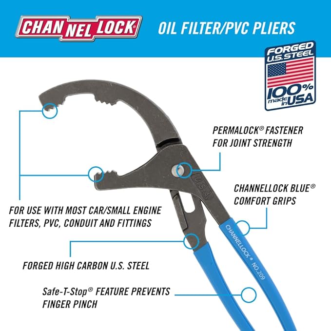 Channellock Oil Filter and PVC Plier 209 - Adjustable 4 Position Grip - 9-Inch
