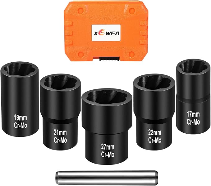 XEWEA 6PCS Impact Lug Nut Extractor Set, Wheel Lock Removal Kit | 1/2-Inch Drive Bolt Remover Twist Socket Kit for Removing Stripped, Damaged, Rusted, Rounded-Off Bolts Nuts Studs, Cr-Mo