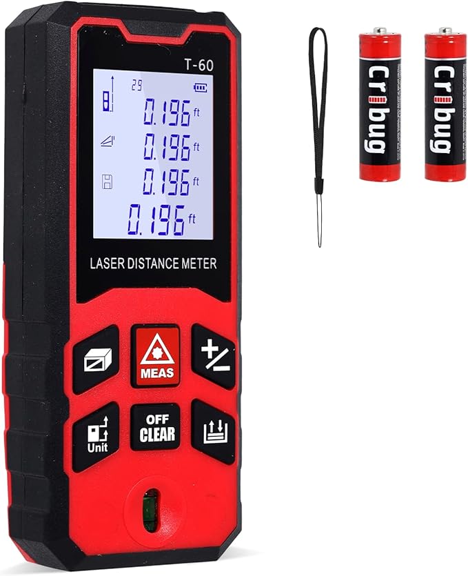 196Ft/60M Laser Distance Meter, ±1/16 Inch High Accuracy Laser Measurement Tool with Backlit LCD Display, Pythagorean/Area/Volume Calculation Mode, M/in/Ft Units, Bubble Level, Durable Design