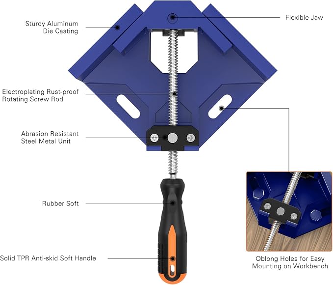 Right Angle Clamp, Housolution [4 PACK] Single Handle 90° Aluminum Alloy Corner Clamp, Right Angle Clip Clamp Tool Woodworking Photo Frame Vise Holder with Adjustable Swing Jaw - Blue