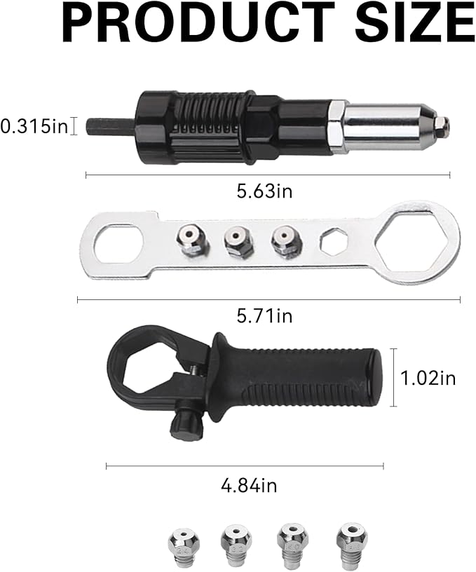 Pop Rivet Gun Adapter Kit, Rivet Drill Attachment with 4 Rivets Heads 2.4mm/3.2mm/4.0mm/4.8mm, Cordless Rivet Gun Power Drill Adaptor Kit, Cordless Electric Drill Riveter Insert Nut Tool