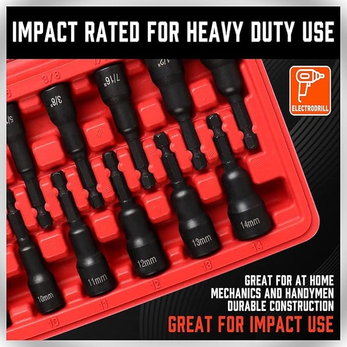 12-Piece Magnetic Nut Driver Set - Premium Impact Power Hex Nut Driver Drill Bit Master Kit, SAE & Metric, 1/4-Inch Quick-Change