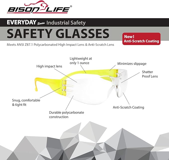 BISON LIFE Clear Safety Glasses – ANSI Z87.1 Scratch & Impact Resistant Wrap Around Eye Protection Goggles for Men & Women