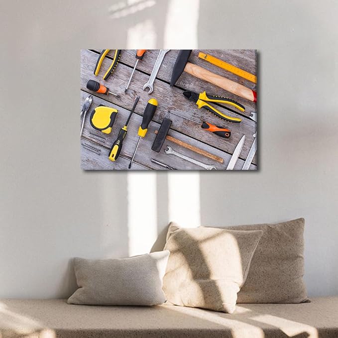 Various Tools for Working in the Workshop Picture 1 Panels Canvas Wall Art Bedroom Wrench Tape Measure Tape Glove Poster Framed Artwork for Farmhouse Living Room Wall Decor (12" Wx18 H)