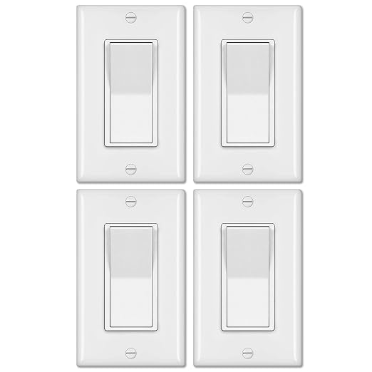 BESTTEN 4 Pack 4-Way Decorator Wall Light Switch with Wallplate, 15A 120/277V, On/Off Paddle Rocker Interrupter, Self-Grounding, UL Listed, White