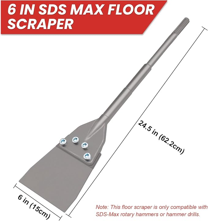 SDS Max Floor Scraper, TOOVEM 6 Inch Floor Scraper SDS Chisel Bits with Replacement Balde, SDS Max Chisel Long Handle Heavy Duty Thinset Removal Tile Adhesive Removal Tool for Rotary Hammer Drills