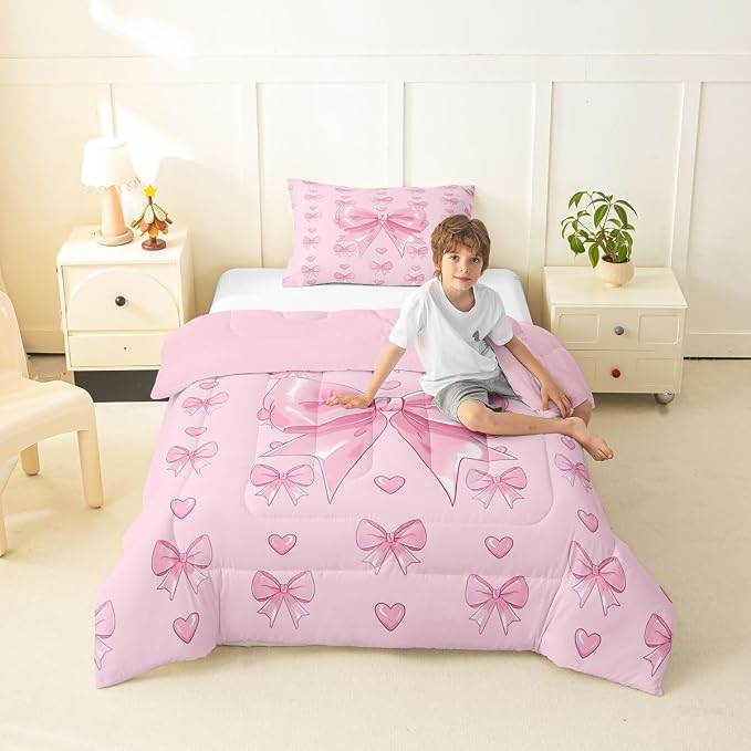 Feelyou Cute Pink Bowknot Comforter Set Toddler Size Love Hearts Bow Bedding Set for Kids Boys Girls Princess Bow Duvet Quilt Bedroom Decor Microfiber 2 Pcs with 1 Pillow Cases