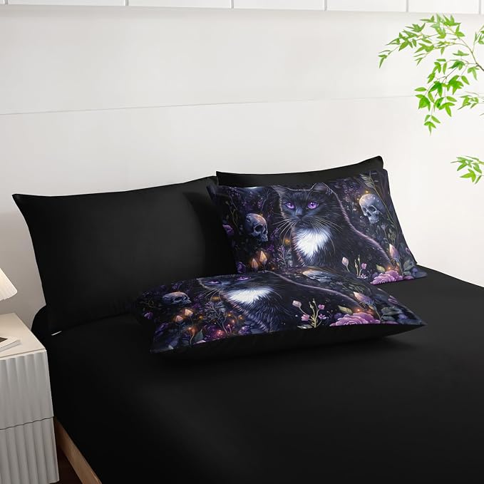 Cute Cat Comforter Set for Kids Toddlers Teens Adults,Floral Plant Skull Printed King Size Bedding Set 7 Pieces,Animal Themed Bedding with Comforter,Fitted Sheet,Flat Sheet,Pillowcases.